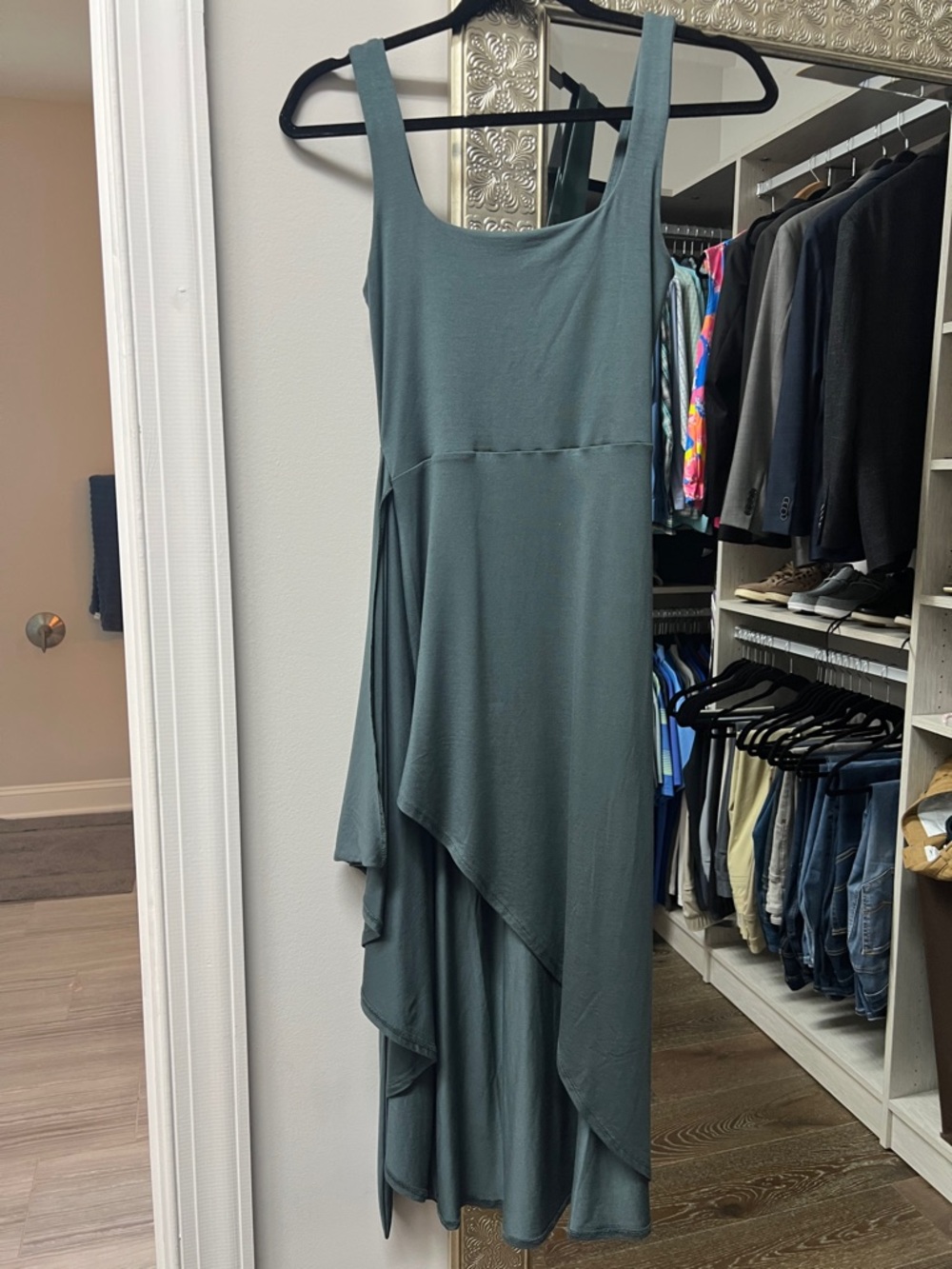 Quince Slate Green Asymmetrical Layered Sleeveless Dress